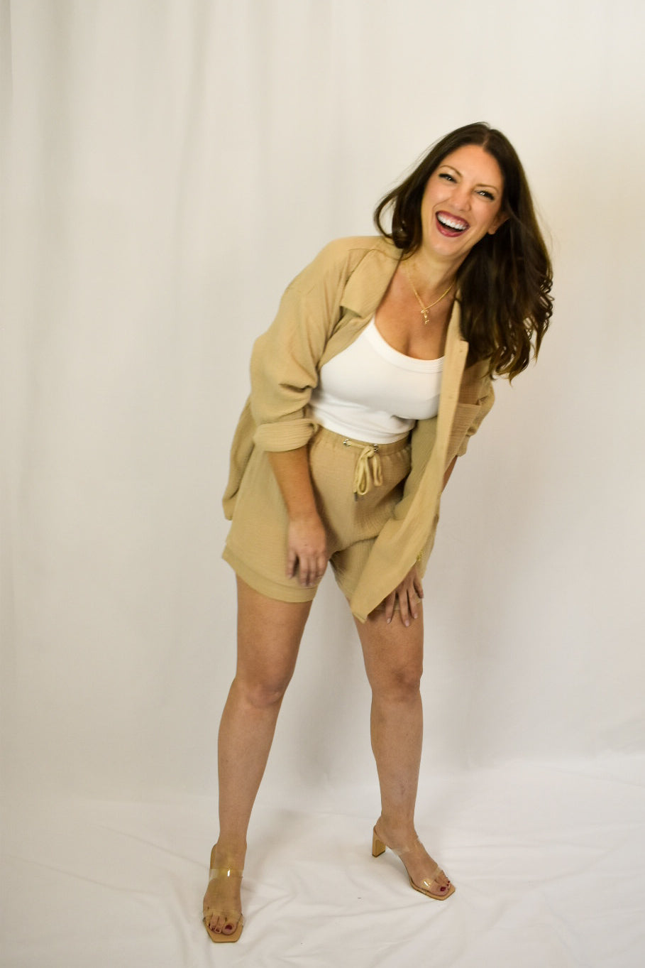 Two-piece button down cotton top blouse and elastic waist short set in camel khaki color